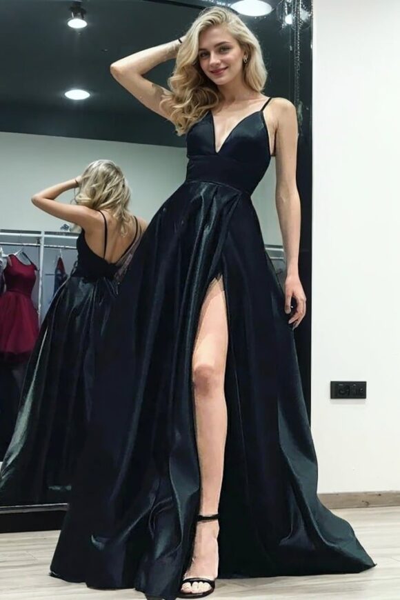 A-line V Neck Sleeveless Satin Long/Floor-Length Prom Dresses With Pockets Split A-line V Neck Sleeveless Satin Long/Floor-Length Prom Dresses With Pockets Split