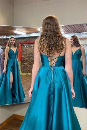 A-line V Neck Sleeveless Satin Long/Floor-Length Prom Dresses With Pockets Split