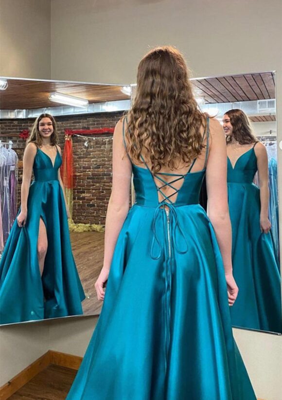 A-line V Neck Sleeveless Satin Long/Floor-Length Prom Dresses With Pockets Split A-line V Neck Sleeveless Satin Long/Floor-Length Prom Dresses With Pockets Split