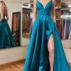 A-line V Neck Sleeveless Satin Long/Floor-Length Prom Dresses With Pockets Split