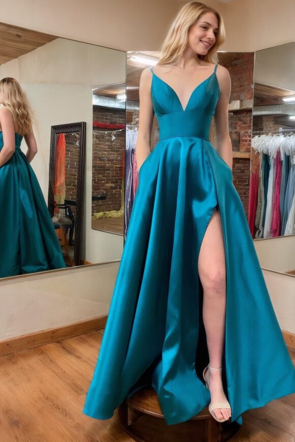 A-line V Neck Sleeveless Satin Long/Floor-Length Prom Dresses With Pockets Split A-line V Neck Sleeveless Satin Long/Floor-Length Prom Dresses With Pockets Split