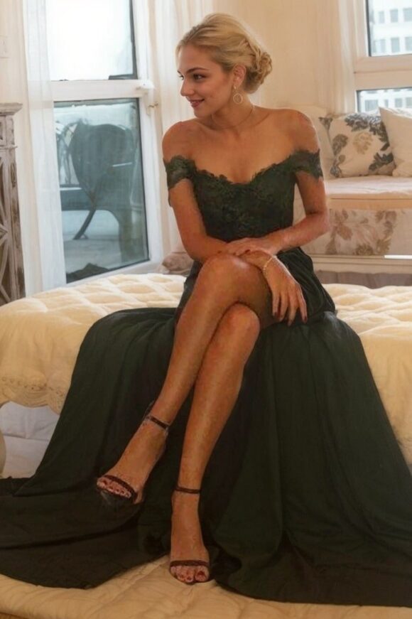 A-Line/Princess Off-the-Shoulder Sleeveless Sweep/Brush Train Lace Silk like Satin Prom Dresses A-Line/Princess Off-the-Shoulder Sleeveless Sweep/Brush Train Lace Silk like Satin Prom Dresses