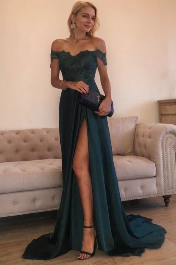 A-Line/Princess Off-the-Shoulder Sleeveless Sweep/Brush Train Lace Silk like Satin Prom Dresses A-Line/Princess Off-the-Shoulder Sleeveless Sweep/Brush Train Lace Silk like Satin Prom Dresses