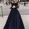 A-Line/Princess Full/Long Sleeve Bateau Long/Floor-Length Satin Prom Dresses With Appliqued