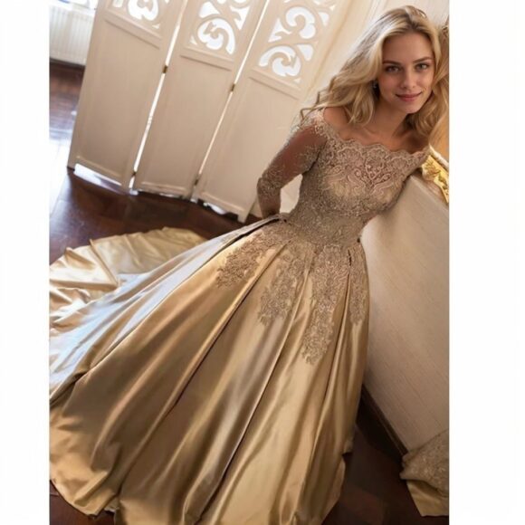 Ball Gown Long Sleeves Off-the-Shoulder Chapel Train Applique Satin Prom Dresses Ball Gown Long Sleeves Off-the-Shoulder Chapel Train Applique Satin Prom Dresses