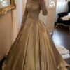 Ball Gown Long Sleeves Off-the-Shoulder Chapel Train Applique Satin Prom Dresses