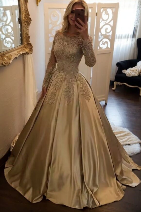 Ball Gown Long Sleeves Off-the-Shoulder Chapel Train Applique Satin Prom Dresses Ball Gown Long Sleeves Off-the-Shoulder Chapel Train Applique Satin Prom Dresses