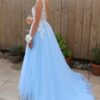 A-Line/Princess V-neck Sleeveless Sweep/Brush Train Applique Tulle Prom Dresses
