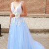 A-Line/Princess V-neck Sleeveless Sweep/Brush Train Applique Tulle Prom Dresses