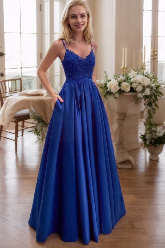 A-Line/Princess Applique Spaghetti Straps Satin Sleeveless Floor-Length Prom Dresses A-Line/Princess Applique Spaghetti Straps Satin Sleeveless Floor-Length Prom Dresses