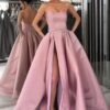A-line Square Neckline Long/Floor-Length Satin Prom Dresses With Pockets Split