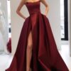 A-line Square Neckline Long/Floor-Length Satin Prom Dresses With Pockets Split
