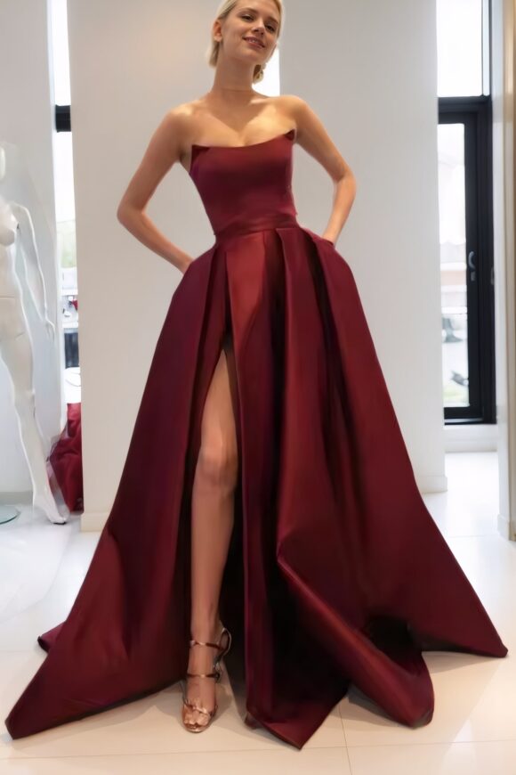A-line Square Neckline Long/Floor-Length Satin Prom Dresses With Pockets Split A-line Square Neckline Long/Floor-Length Satin Prom Dresses With Pockets Split