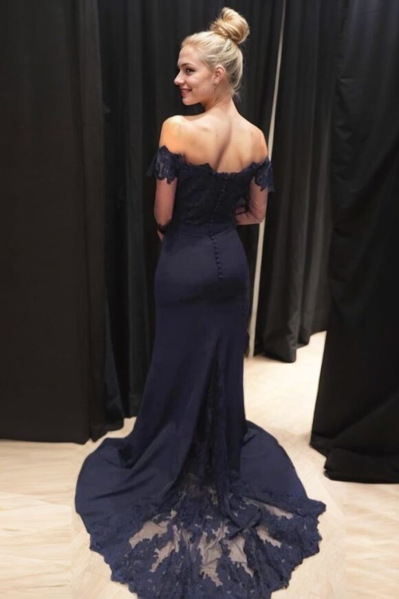 Elastic Satin Prom Dresses Trumpet/Mermaid Off-The-Shoulder Court Train With Lace Elastic Satin Prom Dresses Trumpet/Mermaid Off-The-Shoulder Court Train With Lace