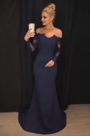 Elastic Satin Prom Dresses Trumpet/Mermaid Off-The-Shoulder Court Train With Lace