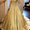 Ball Gown Long Sleeves Off-the-Shoulder Chapel Train Applique Satin Prom Dresses