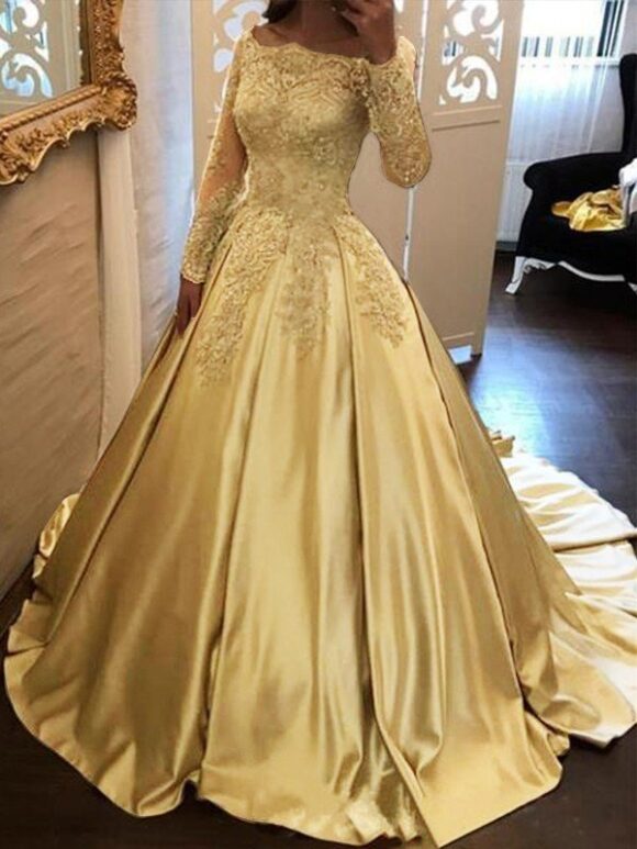 Ball Gown Long Sleeves Off-the-Shoulder Chapel Train Applique Satin Prom Dresses Ball Gown Long Sleeves Off-the-Shoulder Chapel Train Applique Satin Prom Dresses