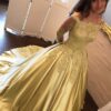 Ball Gown Long Sleeves Off-the-Shoulder Chapel Train Applique Satin Prom Dresses