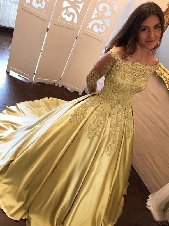 Ball Gown Long Sleeves Off-the-Shoulder Chapel Train Applique Satin Prom Dresses Ball Gown Long Sleeves Off-the-Shoulder Chapel Train Applique Satin Prom Dresses