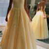 A-Line/Princess Tulle Applique Spaghetti Straps Sleeveless Floor-Length Prom Dresses