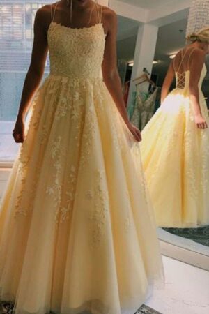 A-Line/Princess Tulle Applique Spaghetti Straps Sleeveless Floor-Length Prom Dresses