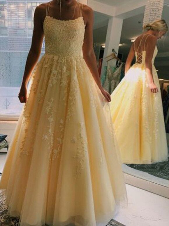 A-Line/Princess Tulle Applique Spaghetti Straps Sleeveless Floor-Length Prom Dresses A-Line/Princess Tulle Applique Spaghetti Straps Sleeveless Floor-Length Prom Dresses