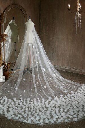 Floral Cut Edge Single Tier Tulle Bridal Cathedral Length Wedding Veils-833