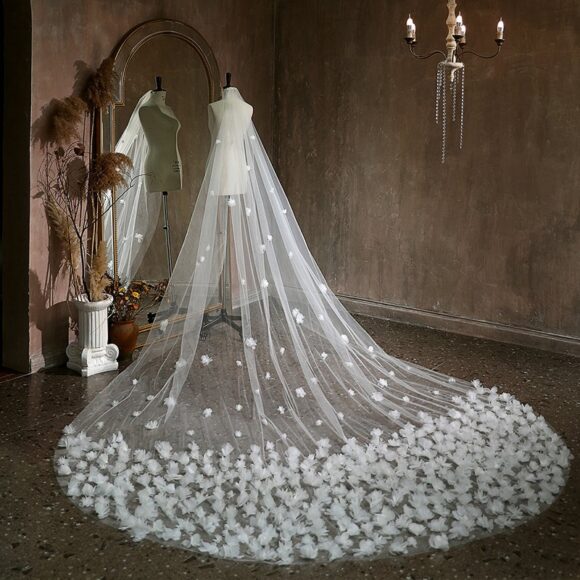Floral Cut Edge Single Tier Tulle Bridal Cathedral Length Wedding Veils-833 Floral Cut Edge Single Tier Tulle Bridal Cathedral Length Wedding Veils-833