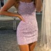 Sheath/Column Scoop Neck Sleeveless Short/Mini Lace Homecoming Dress with Beading-582