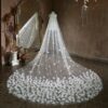 Floral Cut Edge Single Tier Tulle Bridal Cathedral Length Wedding Veils-0