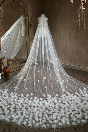 Floral Cut Edge Single Tier Tulle Bridal Cathedral Length Wedding Veils-0