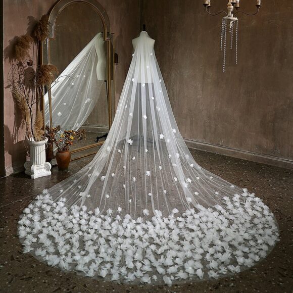 Floral Cut Edge Single Tier Tulle Bridal Cathedral Length Wedding Veils-0 Floral Cut Edge Single Tier Tulle Bridal Cathedral Length Wedding Veils-0