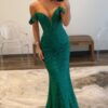 Trumpet/Mermaid Off-the-Shoulder Sleeveless Lace Long Prom Dresses Green Ball Gowns-0
