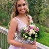A-line Princess V Neck Sweep Train Tulle Prom Dresses With Appliqued-460