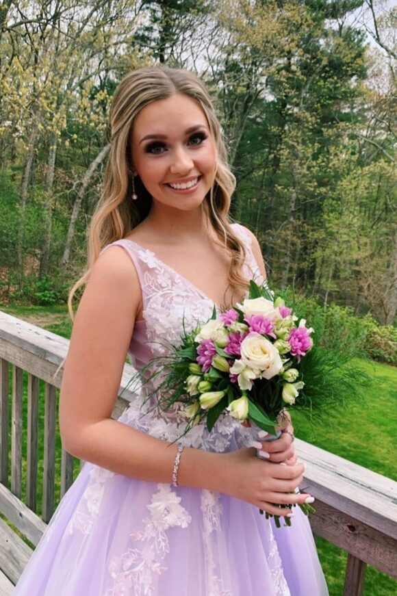 A-line Princess V Neck Sweep Train Tulle Prom Dresses With Appliqued-460 A-line Princess V Neck Sweep Train Tulle Prom Dresses With Appliqued-460