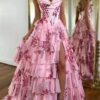 A-Line/Princess Floral Blush Tiered Chiffon Long Corset Prom Dress with Slit-916