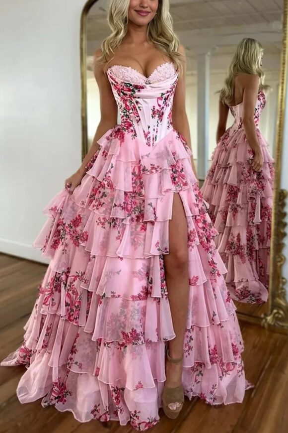 A-Line/Princess Floral Blush Tiered Chiffon Long Corset Prom Dress with Slit-916 A-Line/Princess Floral Blush Tiered Chiffon Long Corset Prom Dress with Slit-916