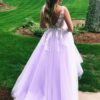 A-line Princess V Neck Sweep Train Tulle Prom Dresses With Appliqued-461