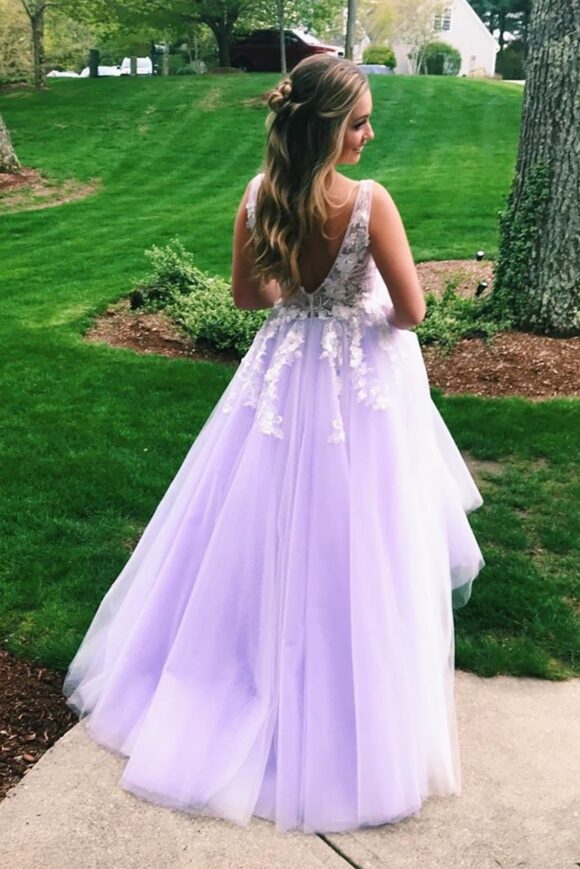A-line Princess V Neck Sweep Train Tulle Prom Dresses With Appliqued-461 A-line Princess V Neck Sweep Train Tulle Prom Dresses With Appliqued-461