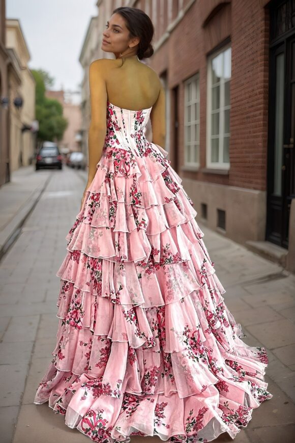 A-Line/Princess Floral Blush Tiered Chiffon Long Corset Prom Dress with Slit-917 A-Line/Princess Floral Blush Tiered Chiffon Long Corset Prom Dress with Slit-917