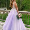 A-line Princess V Neck Sweep Train Tulle Prom Dresses With Appliqued-462