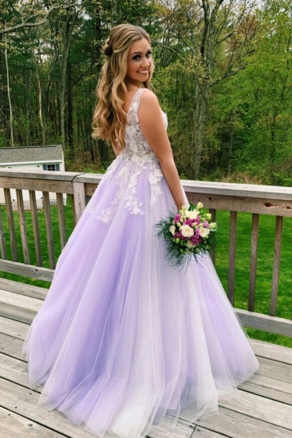 A-line Princess V Neck Sweep Train Tulle Prom Dresses With Appliqued-462 A-line Princess V Neck Sweep Train Tulle Prom Dresses With Appliqued-462
