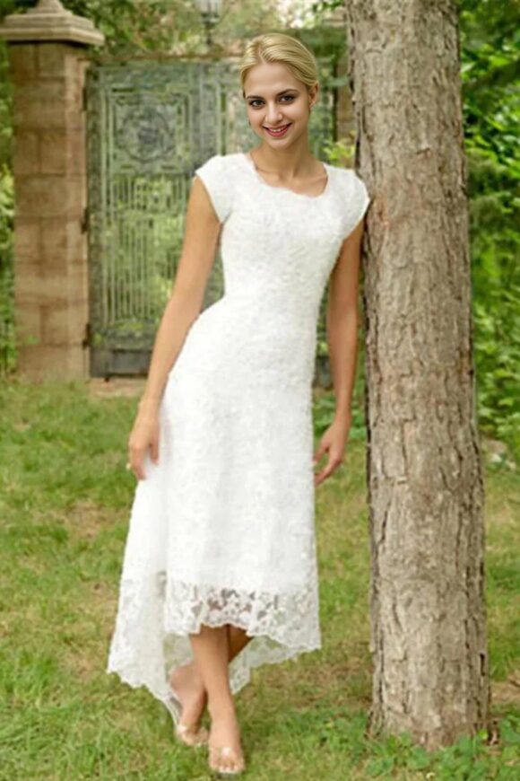 A-Line/Princess Lace Scoop Short Sleeves Asymmetrical Wedding Dresses-0 A-Line/Princess Lace Scoop Short Sleeves Asymmetrical Wedding Dresses-0