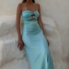 A-Line Silk Strapless Sleeveless Long Prom Dress Blue Prom Gown