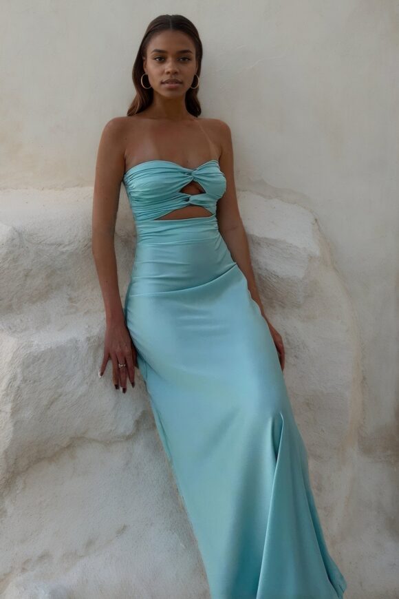 A-Line Silk Strapless Sleeveless Long Prom Dress Blue Prom Gown A-Line Silk Strapless Sleeveless Long Prom Dress Blue Prom Gown