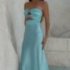 A-Line Silk Strapless Sleeveless Long Prom Dress Blue Prom Gown