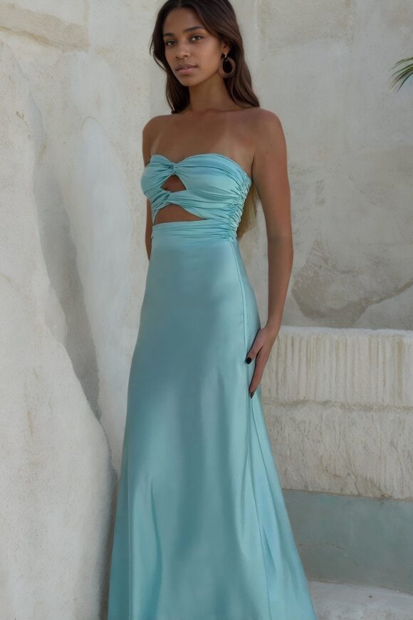 A-Line Silk Strapless Sleeveless Long Prom Dress Blue Prom Gown A-Line Silk Strapless Sleeveless Long Prom Dress Blue Prom Gown