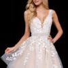 Short/Mini A-line V Neck Lace Tulle Homecoming Dress With Appliqued Beading-0