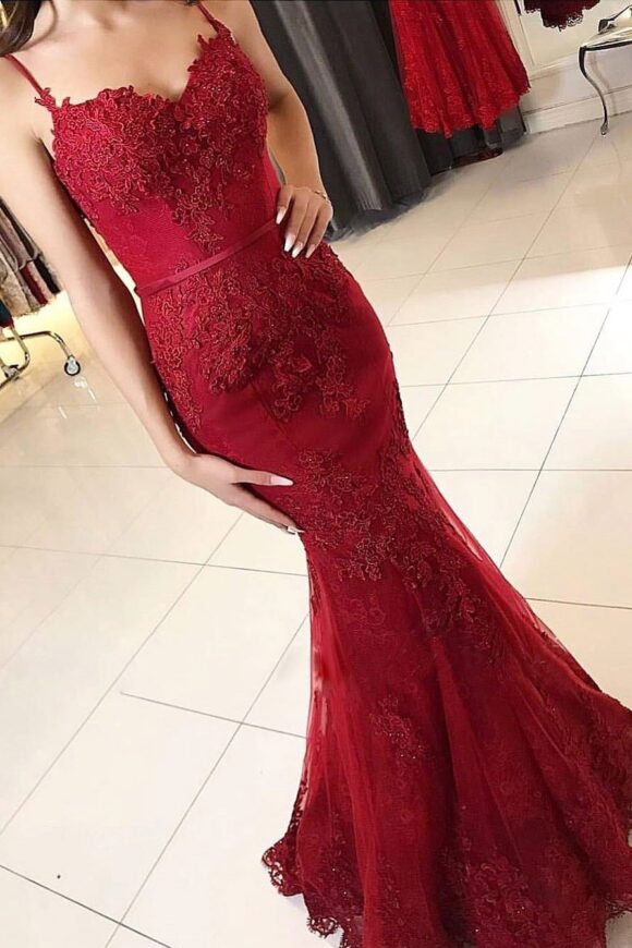 Trumpet/Mermaid Sweetheart Sleeveless Long/Floor-Length Tulle Prom Dresses With Appliqued-464 Trumpet/Mermaid Sweetheart Sleeveless Long/Floor-Length Tulle Prom Dresses With Appliqued-464