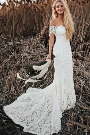Trumpet/Mermaid Lace Applique Off-the-Shoulder Short Sleeves Court Train Wedding Dresses-0